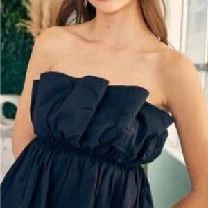 Miou Muse Strapless Black Ruffled Crop Top